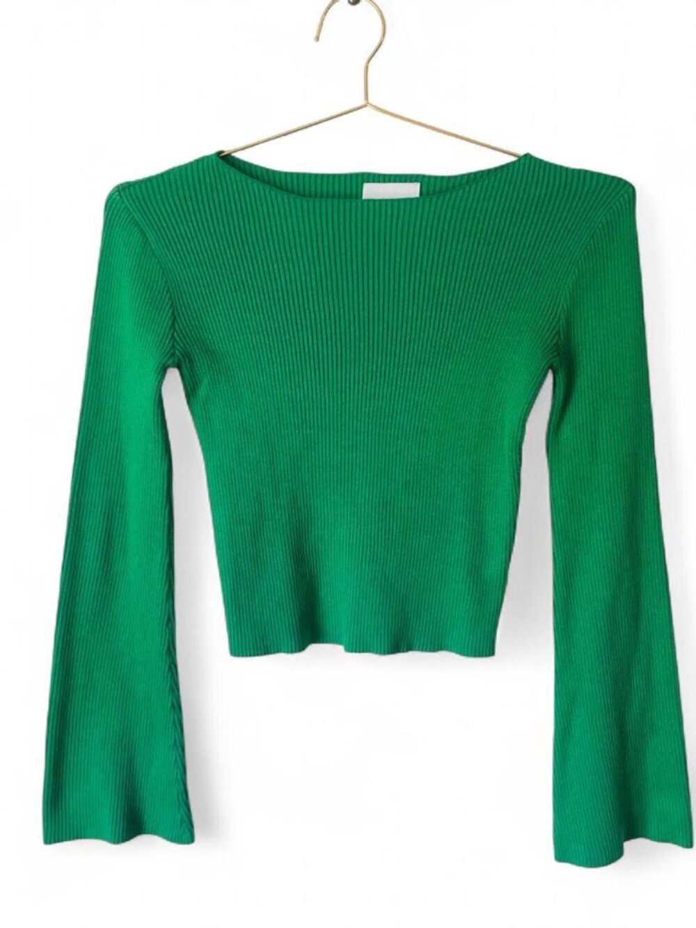 Emerald Green Ribbed Long Sleeve Crop Top – Minimalist Y2K Stretch Knit (Size S)